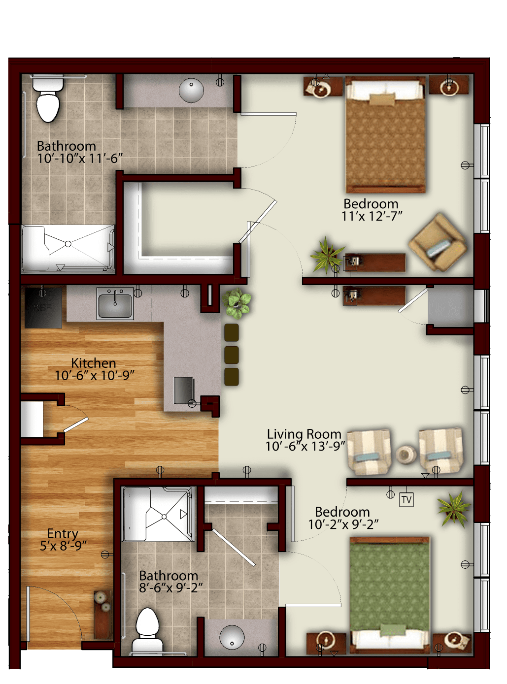 A detailed floor plan of a two-bedroom apartment featuring a living room, kitchen, and two bathrooms.