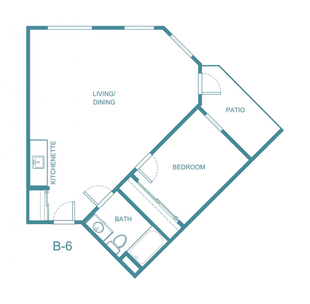 A floor plan layout of a one-bedroom apartment with a living area, kitchen, and bathroom.