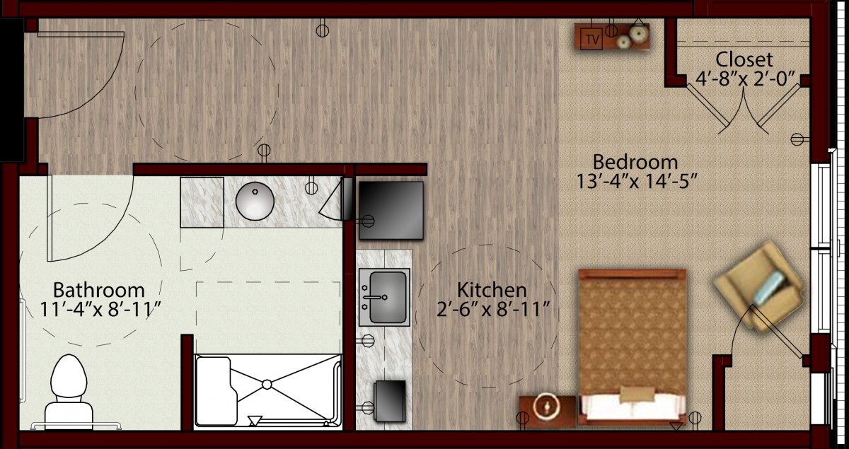 A floor plan featuring a small kitchen and a bedroom with specified dimensions.