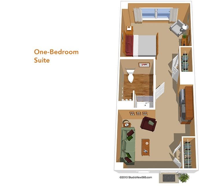 A floor plan of a one-bedroom suite showing the arrangement of rooms and furniture.