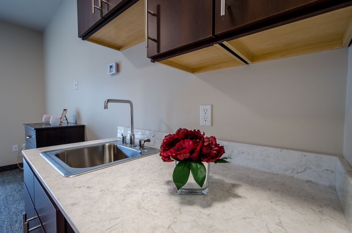 A modern kitchen with a marble countertop and a vase of red flowers.