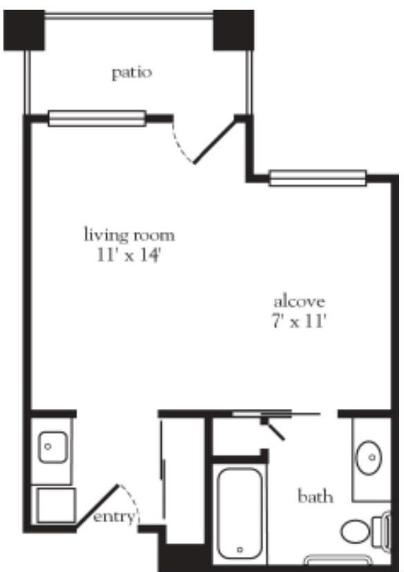 A floor plan featuring a living room, alcove, and bathroom layout.
