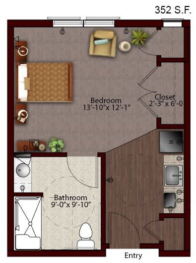 A floor plan of a one-bedroom apartment with a bathroom and kitchen.