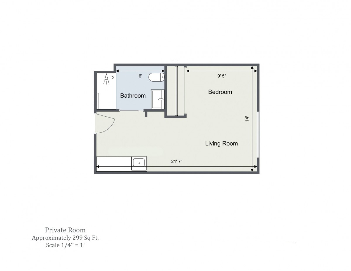 A floor plan of a studio apartment featuring one bedroom, a living room, and a bathroom.