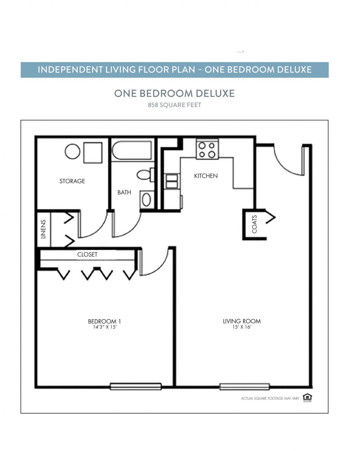 Floor plan of a one-bedroom deluxe apartment.