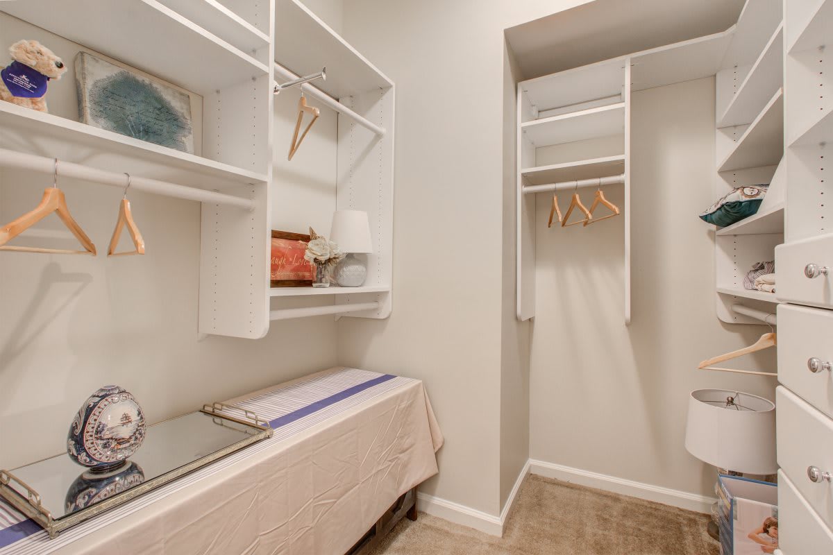 A well-organized closet with shelves and hangers for storage.
