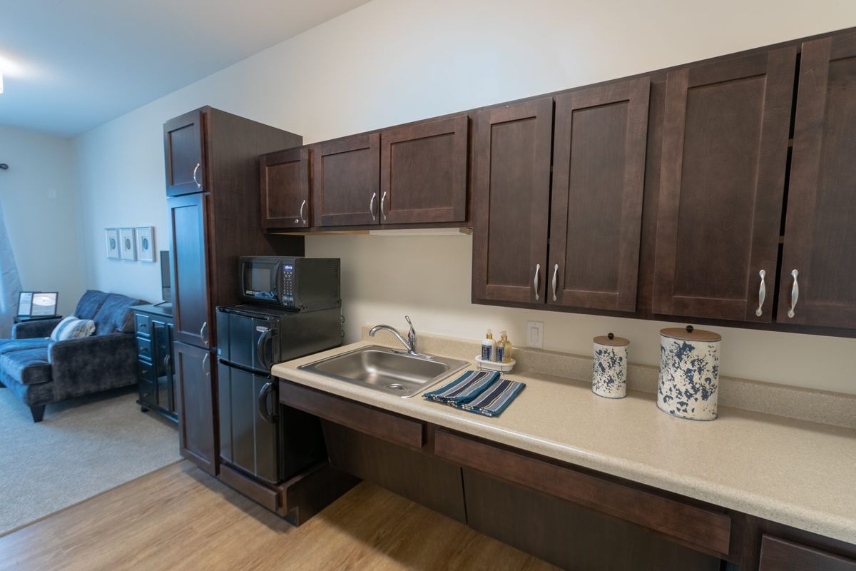 A modern kitchen with dark wooden cabinets and a sleek countertop.
