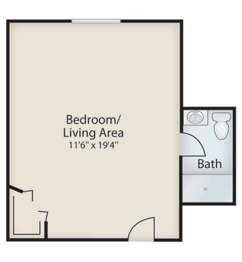 Studio apartment floor plan with combined bedroom/living area and a bathroom.