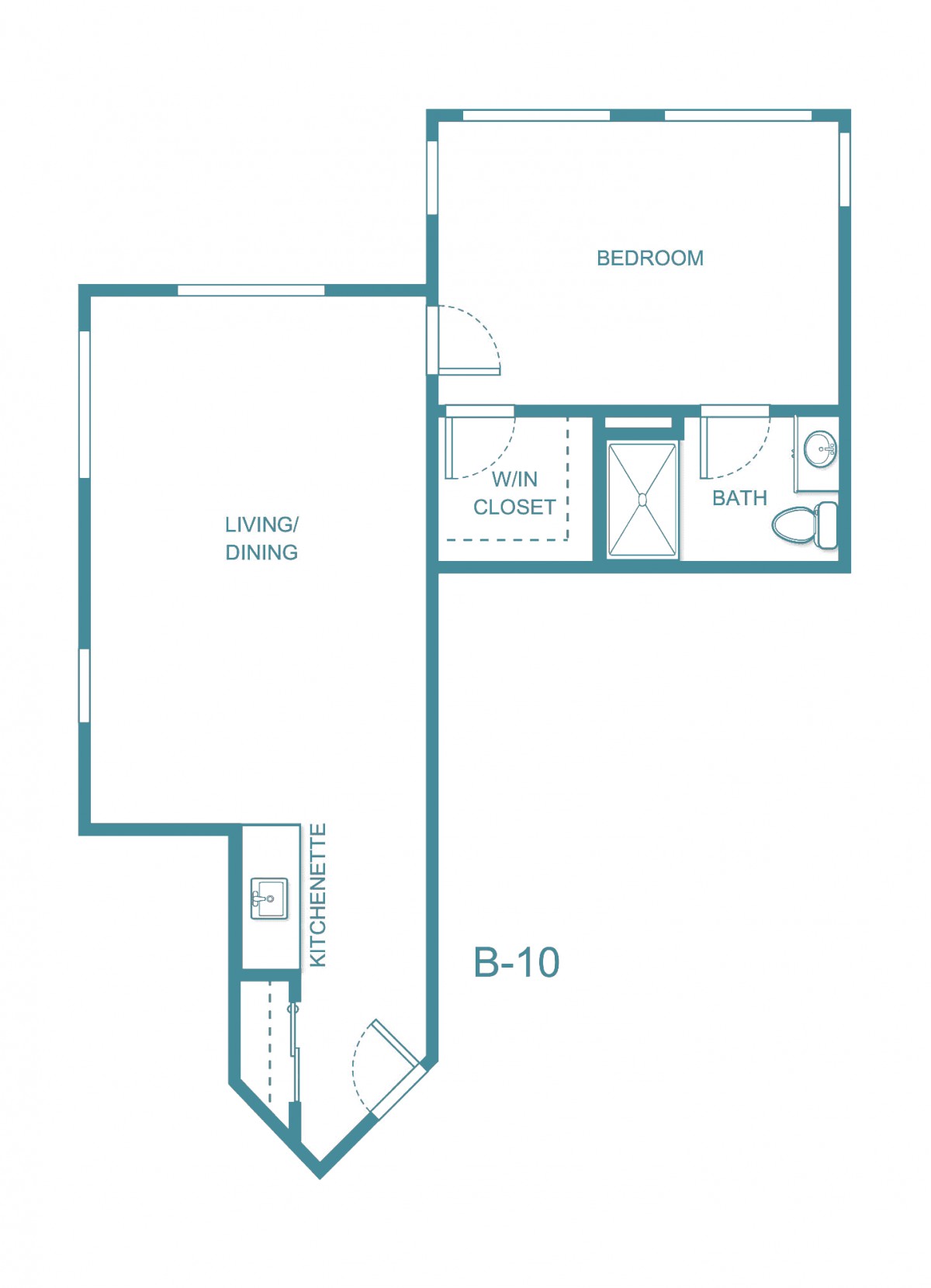 A floor plan depicting a one-bedroom apartment with a living/dining area, kitchen, bathroom, and bedroom.