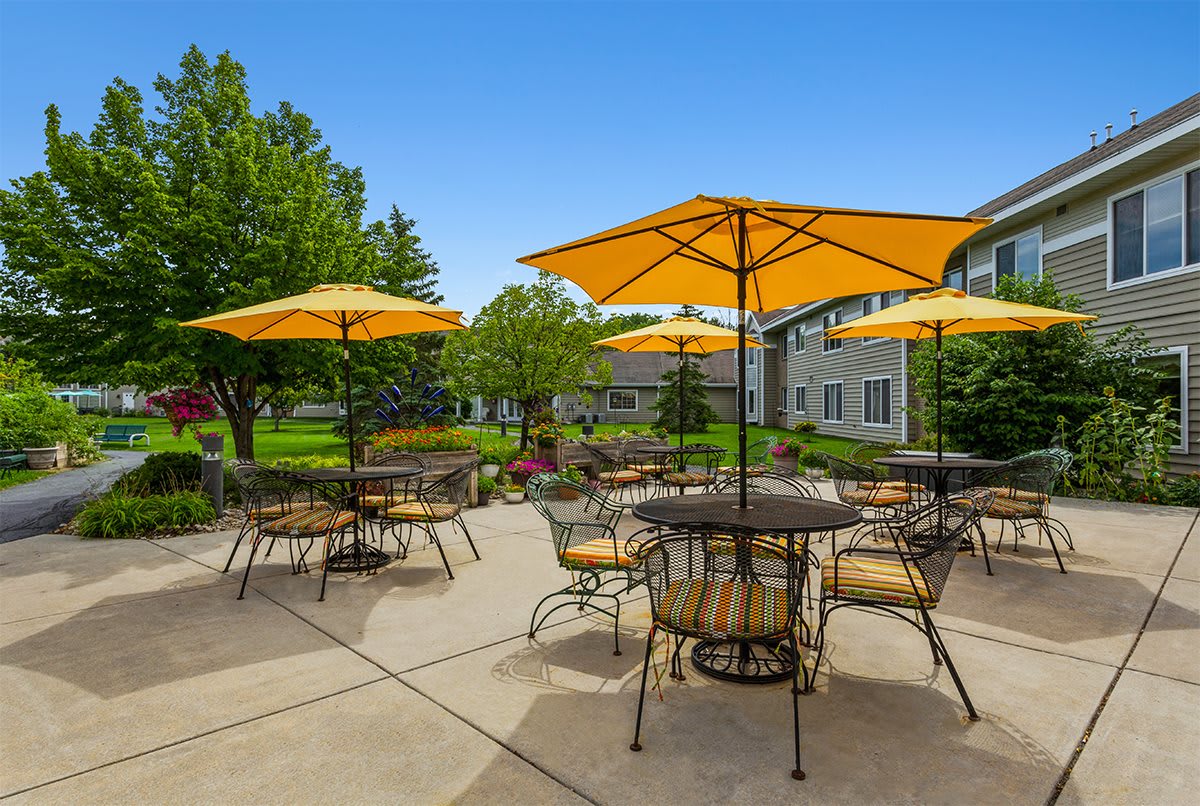 Outdoor patio area with tables and yellow umbrellas in a garden setting on a sunny day.