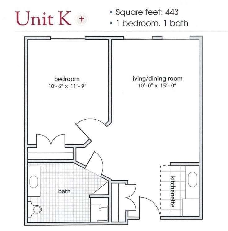 Unit K: A floor plan featuring 1 bedroom and 1 bathroom in an apartment layout.