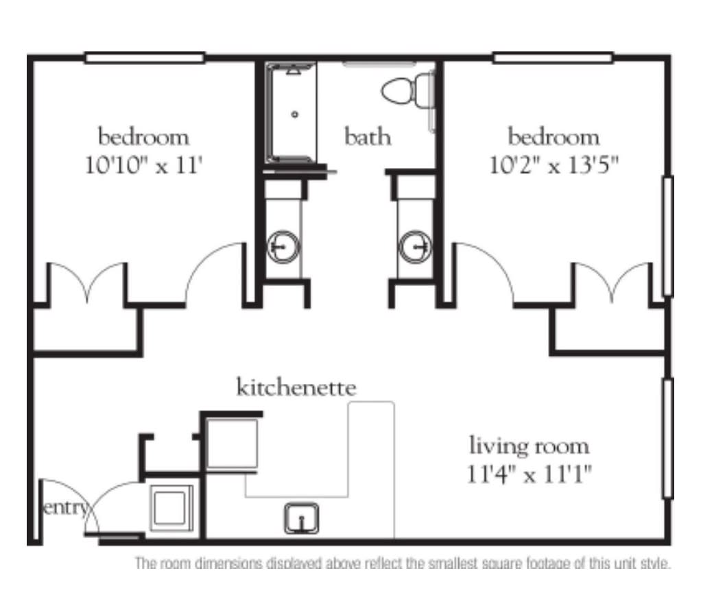 A floor plan of a two-bedroom apartment with a bathroom, kitchenette, and living room.