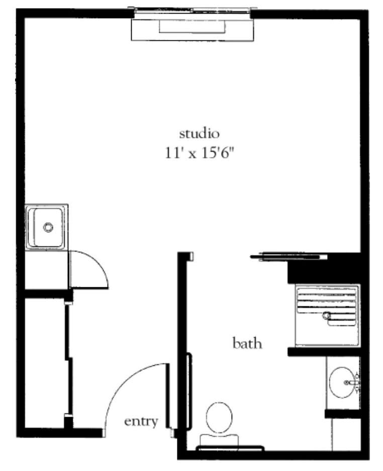 Studio apartment floor plan with bathroom and kitchen layout.
