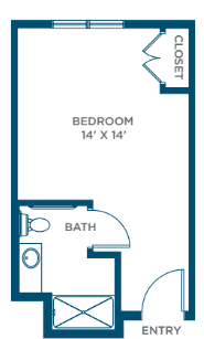 A simple floor plan featuring a 14' x 14' bedroom and adjoining bathroom.