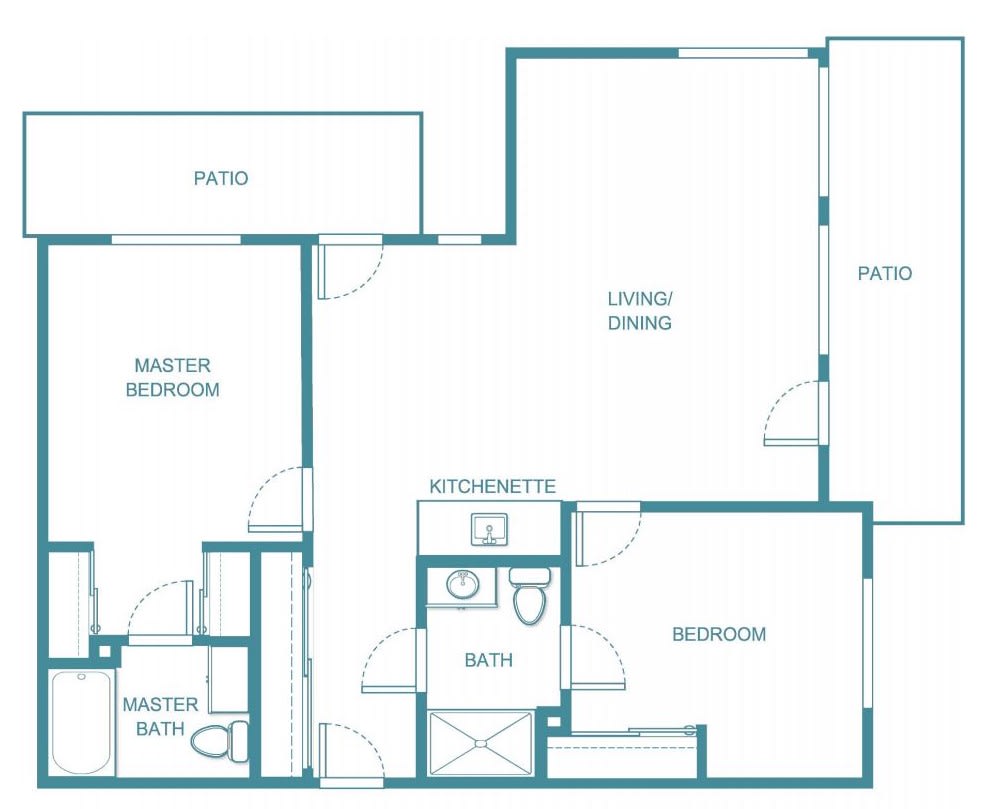 A blueprint diagram of an apartment floor plan, showing rooms including a master bedroom, bedroom, kitchen, and living room.