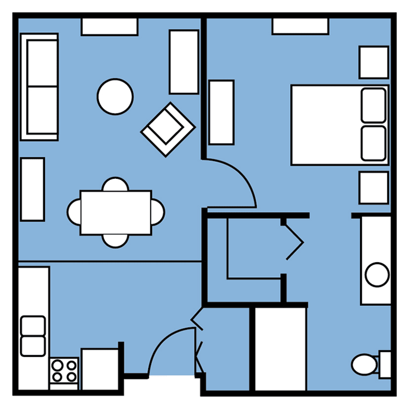 A detailed floor plan of a one-bedroom apartment featuring a living room, kitchen, dining area, bedroom, and bathroom.