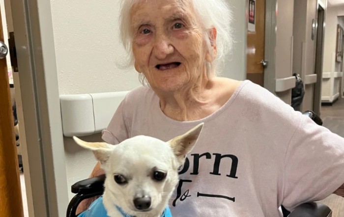An elderly woman smiling while holding a chihuahua indoors.