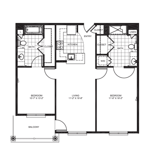 A floor plan of a two-bedroom apartment with labeled rooms and dimensions.