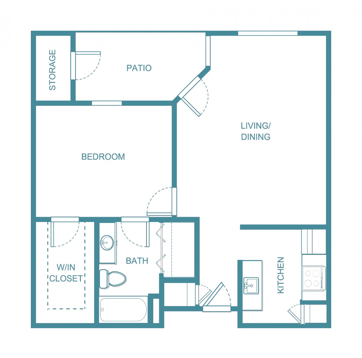 A simple floor plan of an apartment with labeled rooms including living room, bedroom, kitchen, and bathroom.