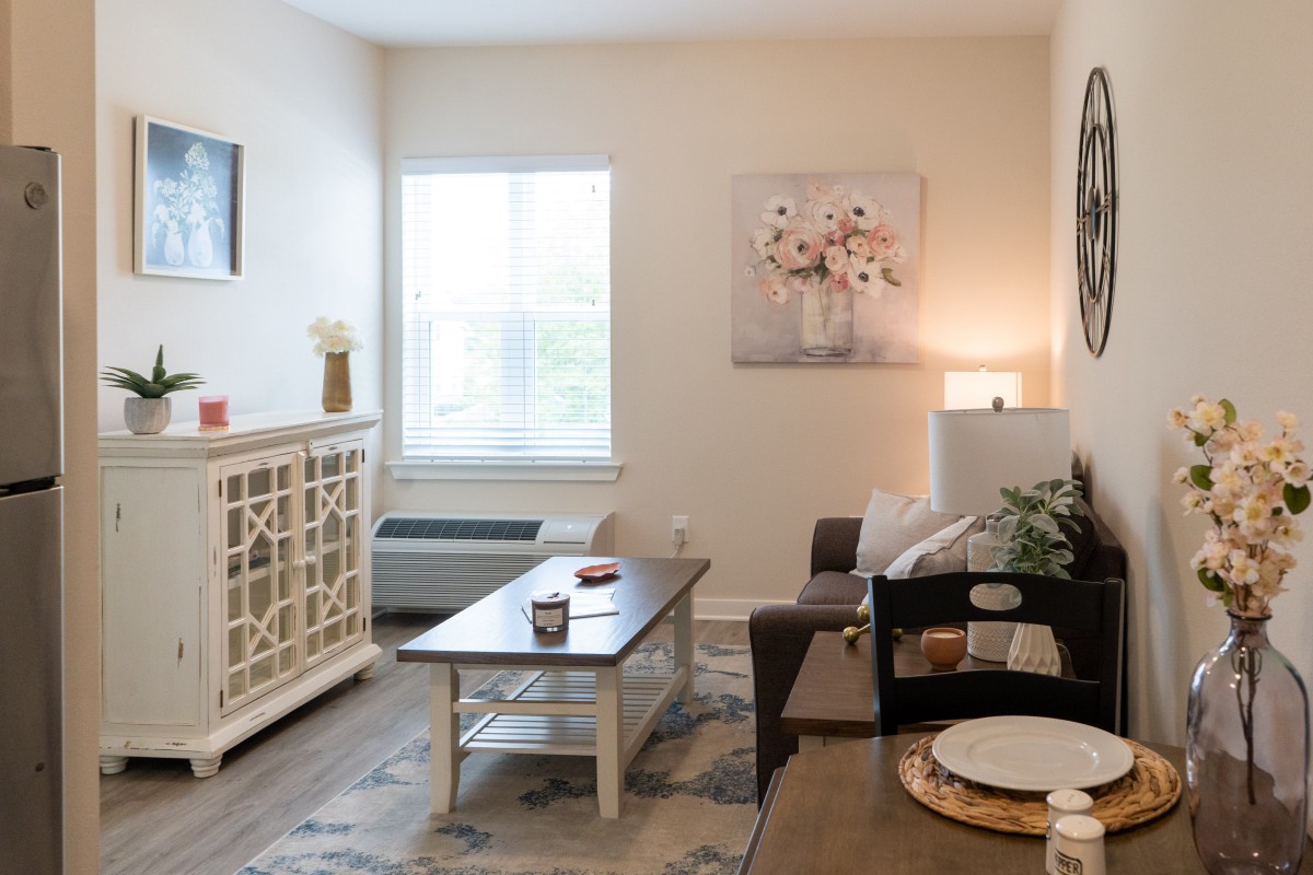 A cozy living room with a sofa, coffee table, and decorative elements.