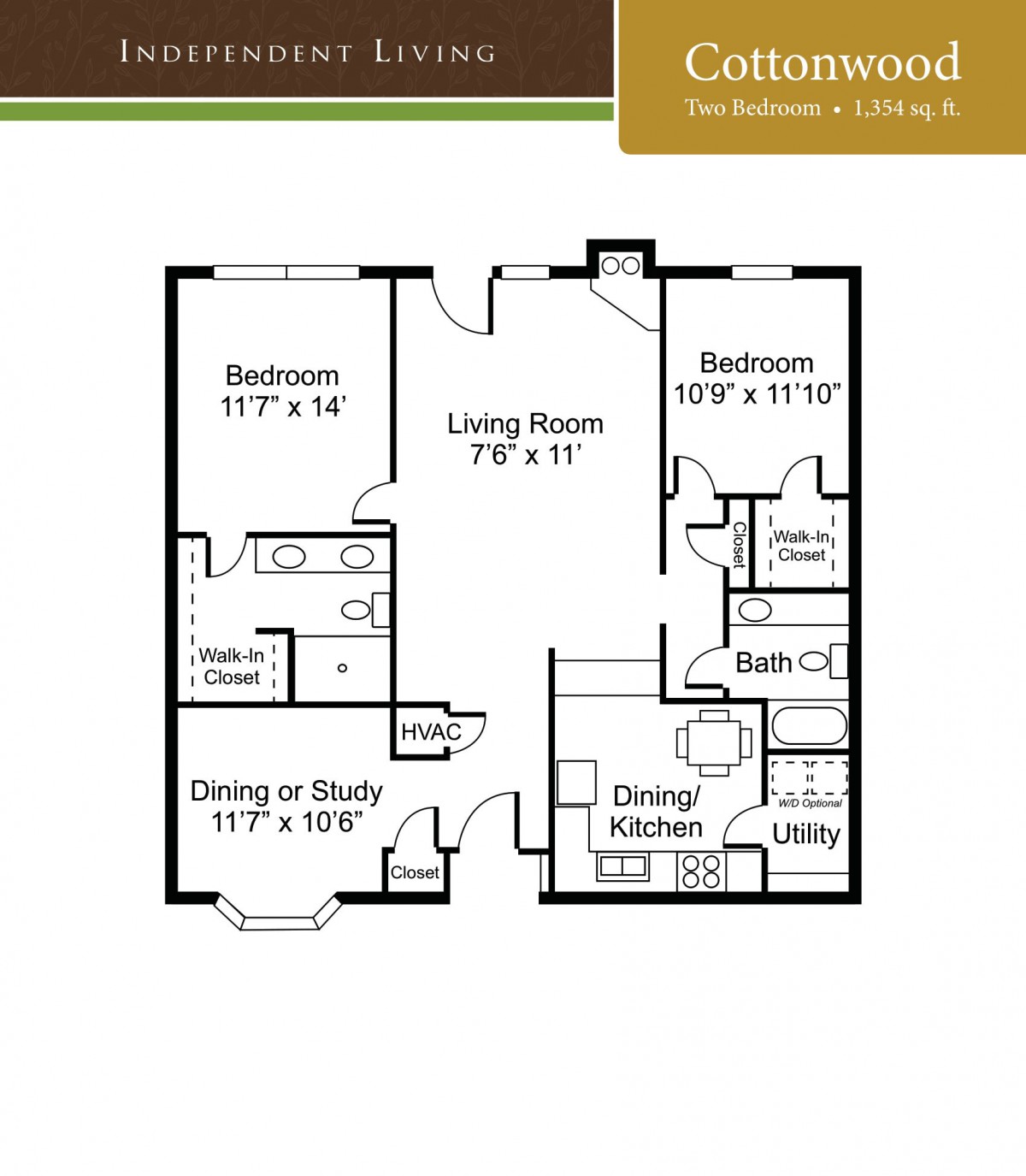 A floor plan of a two-bedroom, one-bathroom apartment with a living room, kitchen, dining area, and study.