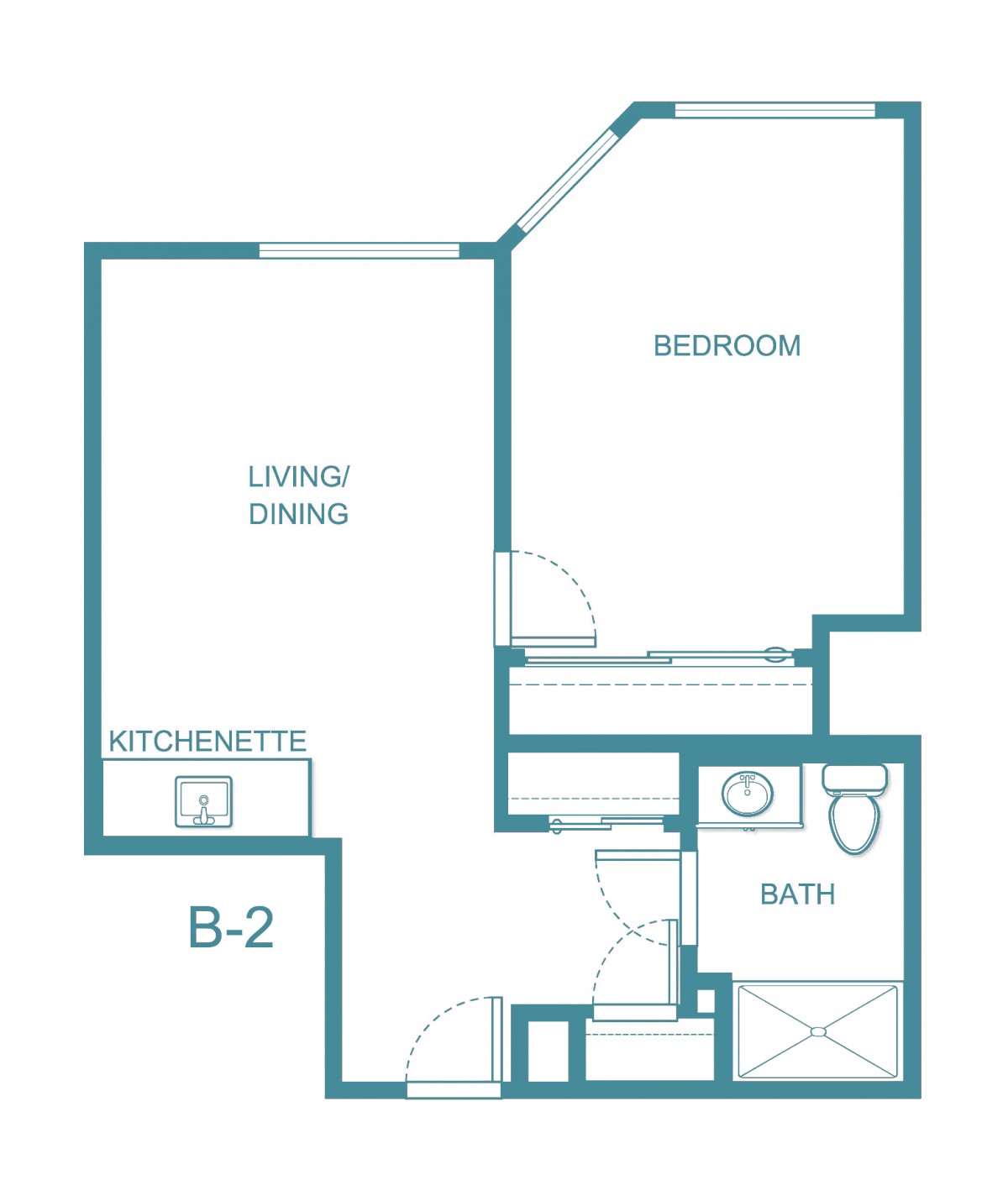 A floor plan of a 1-bedroom apartment with living/dining area, kitchenette, and bathroom.