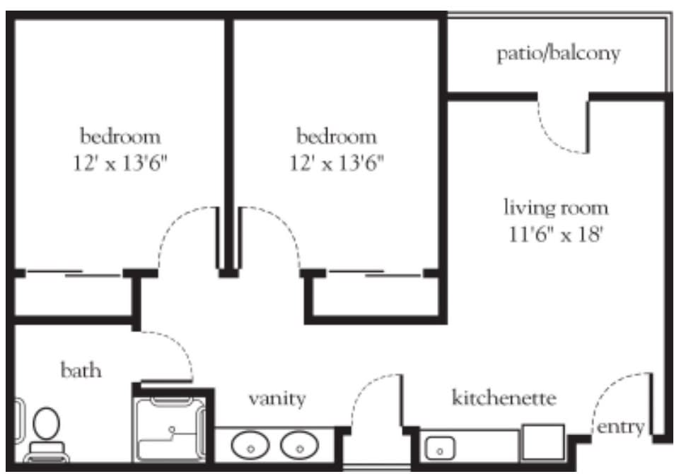 A detailed floor plan of an apartment featuring a bedroom, bathroom, living area, and kitchenette.