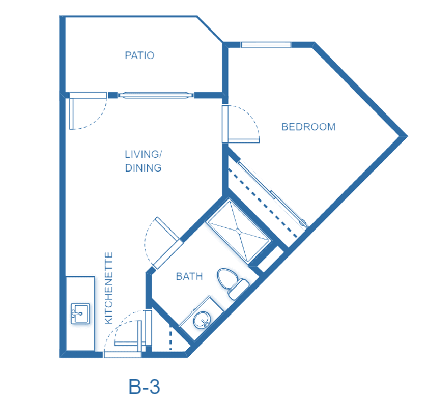 A blueprint of a B-3 apartment layout featuring a patio, living/dining area, kitchen, bathroom, and bedroom.