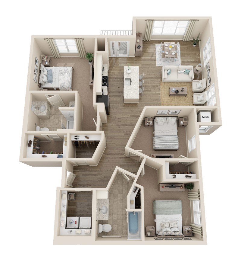 3D floor plan of a three-bedroom apartment layout.