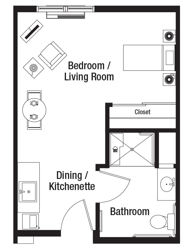 Studio apartment floor plan with combined bedroom/living room, kitchenette, bathroom, and closet.