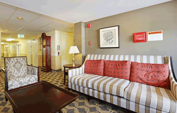 A cozy living room featuring a striped upholstered sofa with red cushions, a wooden coffee table, and a patterned carpet.