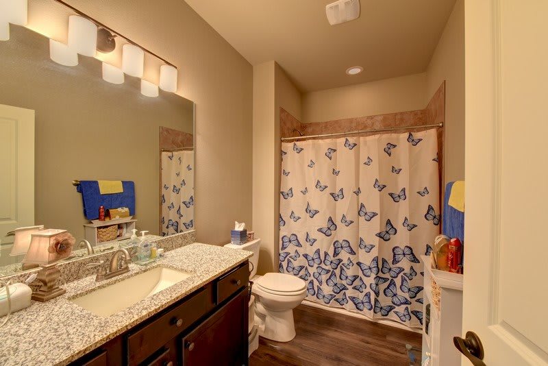 A cozy bathroom with a butterfly-themed shower curtain and warm lighting.