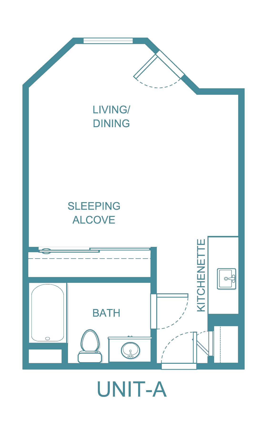 A floor plan of a studio apartment featuring a living/dining area, sleeping alcove, kitchenette, and bathroom.