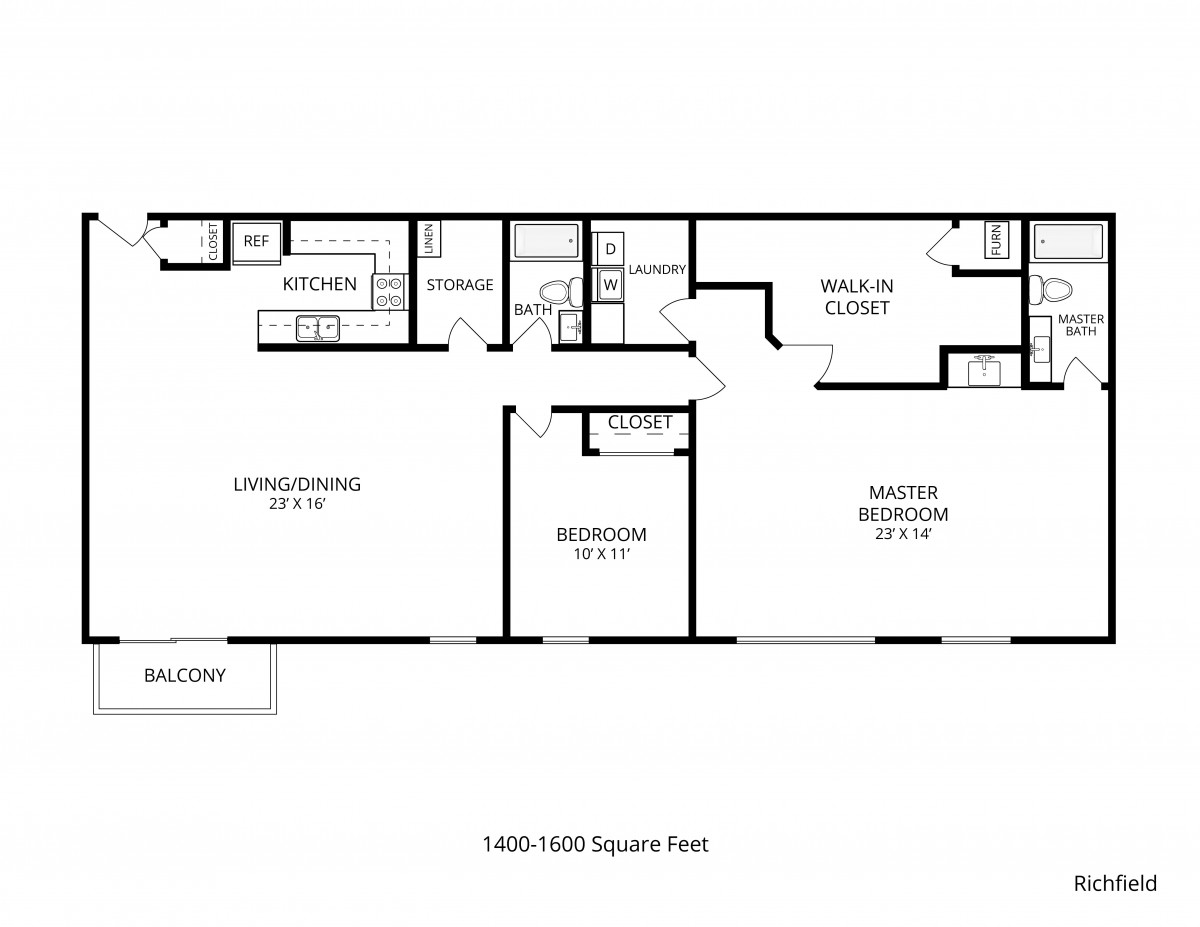 A detailed floor plan of a two-bedroom apartment with labeled rooms and measurements.