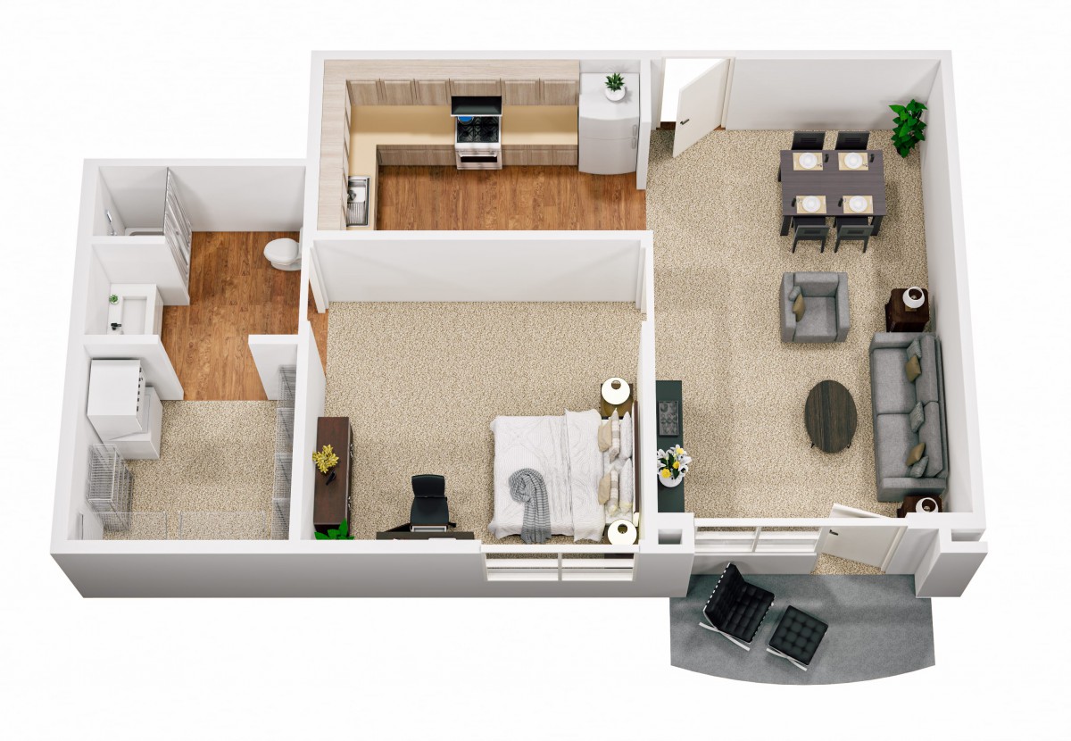 A 3D floor plan of a one-bedroom apartment featuring a living room, kitchen, and bathroom.