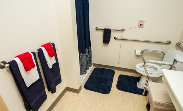 An accessible bathroom with towels, a shower, and safety bars.