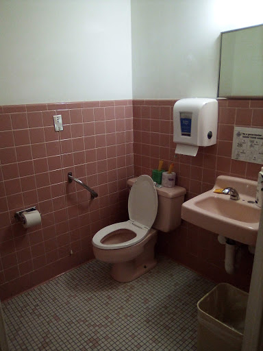 A simple restroom setup featuring a toilet and sink with pink tiled walls.