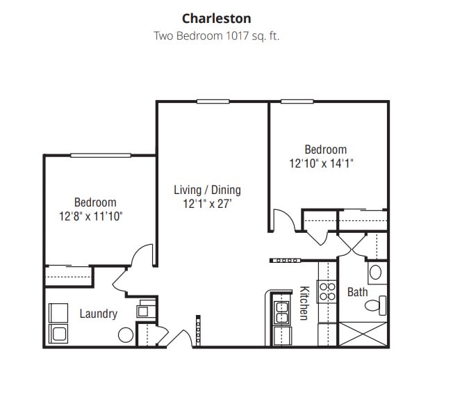 Floor plan of a two-bedroom apartment named Charleston, measuring 1011 sq. ft.