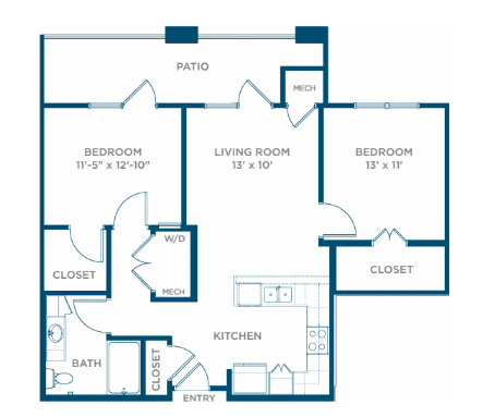 A floor plan of an apartment featuring two bedrooms, a living room, kitchen, bathroom, and closets.