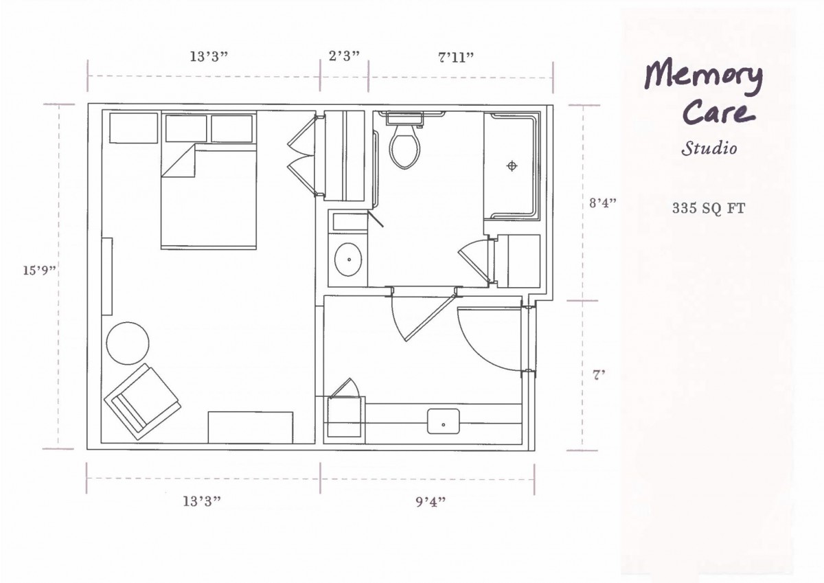 A detailed floor plan depicting a compact living space with bedroom, bathroom, and sitting area.