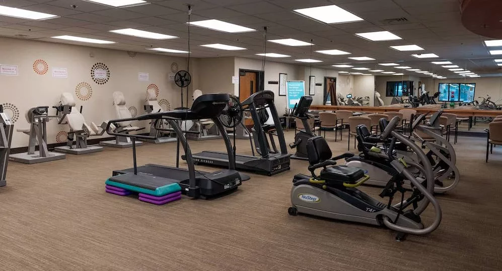 A well-equipped gym with treadmills and stationary bikes, ready for workouts.
