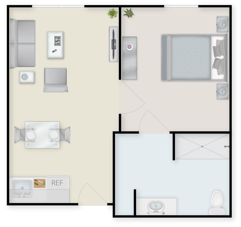A simple one-bedroom apartment floor plan featuring a living room, kitchen, and bathroom.