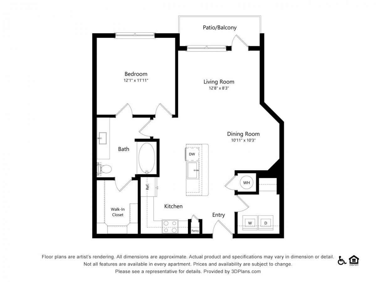 This is a floor plan of a one-bedroom apartment, featuring a living room, dining room, kitchen, bathroom, and bedroom.