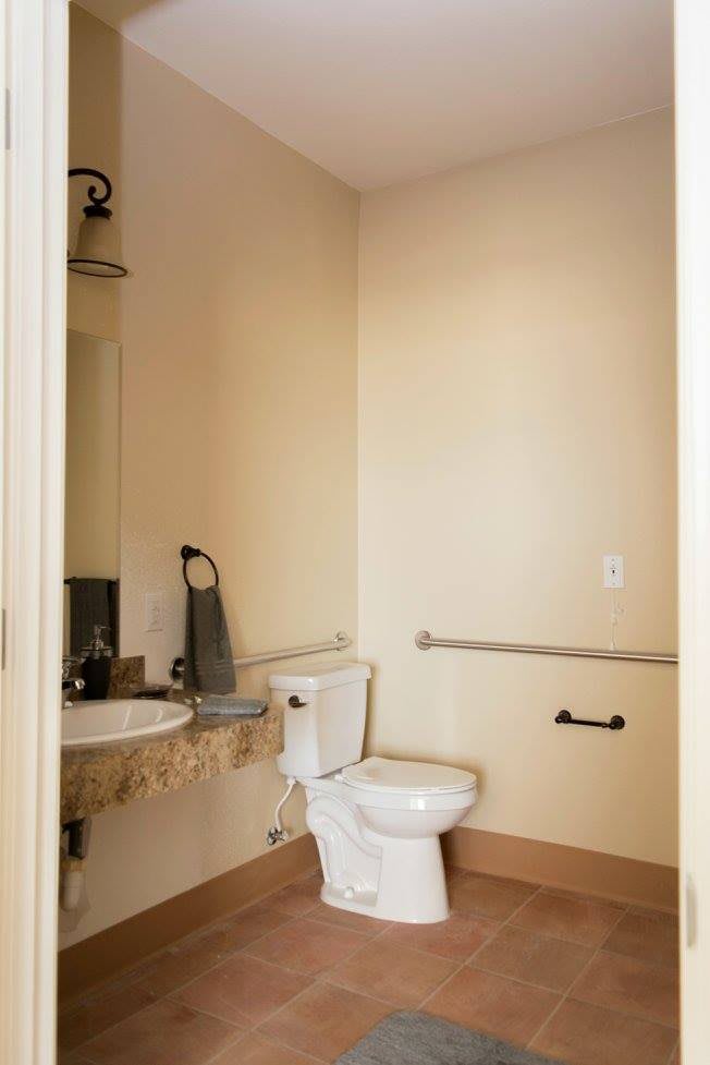 An accessible bathroom featuring a toilet, sink, and safety grab bars.