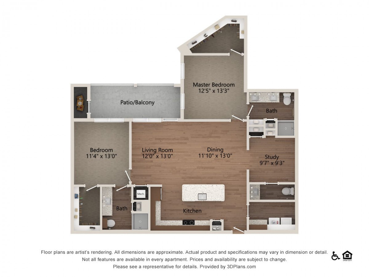 This image shows a floor plan of a two-bedroom apartment with labeled rooms and dimensions.