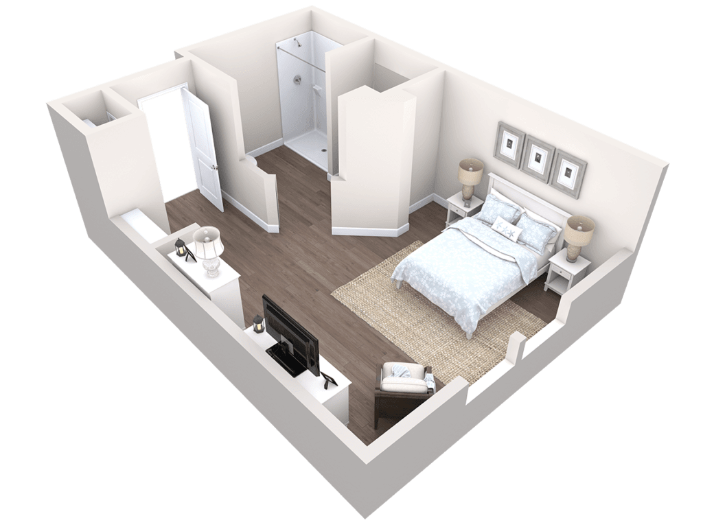 A 3D rendering of a bedroom floor plan featuring a bed, dresser, and TV.