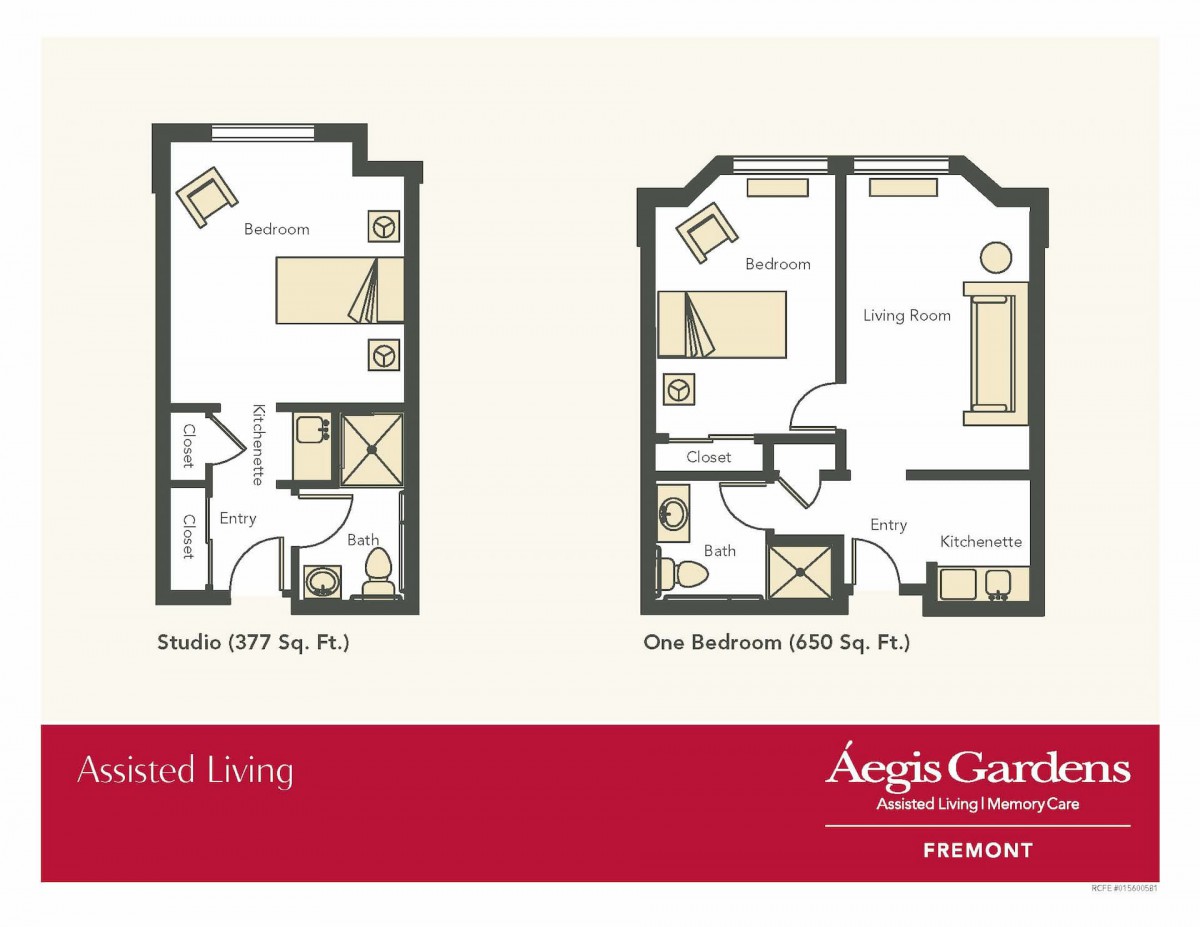 Floor plans for studio and one-bedroom assisted living apartments at Aegis Gardens.