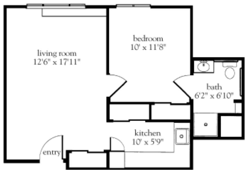 An apartment floor plan showing a living room, bedroom, kitchen, and bathroom with specified dimensions.