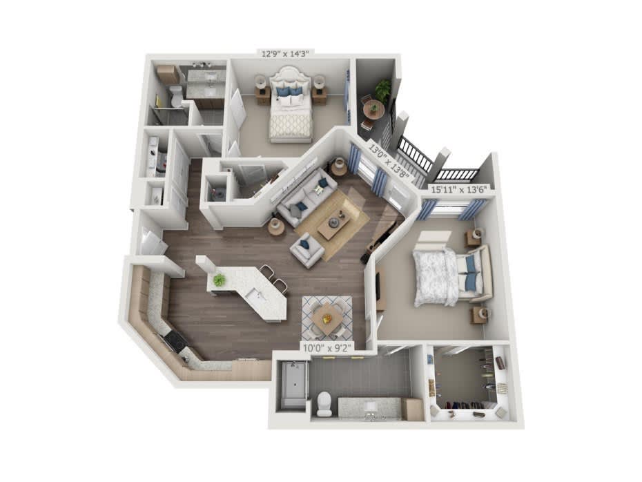 A 3D rendered floor plan of a modern apartment showcasing two bedrooms, a living area, kitchen, and bathrooms.