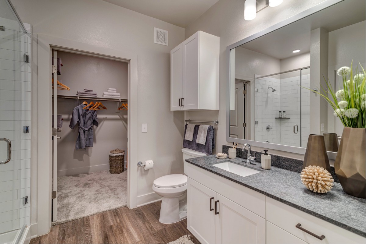 A modern bathroom with a walk-in closet, featuring a shower, sink, and toilet.